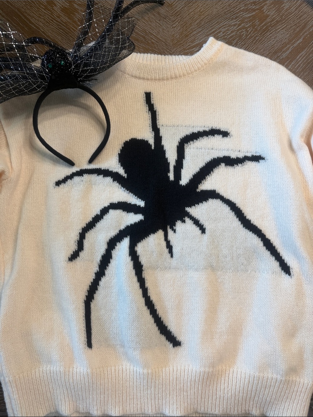 SHEIN Cream Sweater and headband with Black Spider Graphic